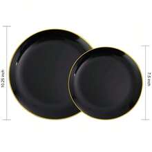 Juego de vajilla de cerámica negra con borde dorado, que incluye platos negros con bordes dorados, adecuado para diversas ocasiones como cumpleaños, fiestas, banquetes, celebraciones festivas, eventos de Año Nuevo y servicios de catering (vajilla de cerámica, lavable y reutilizable) - Negro - Ver 6