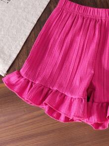 2pcs/Set Young Girl' Cute Peter Pan Collar Vest And Ruffle Hem Shorts Set, Summer - Hot Pink - View 6