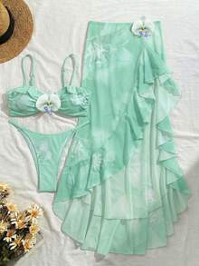 3 Stücke Damen Blumen Muster elegantes sexy rückenfreies Schleife Knoten 3D Blume Bikini Set, geeignet für Strand & Resort Tragen, Frühling/Sommer Urlaub - Kadettenblau - Übersicht 3