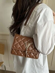 New Arrival Small Flap Bag With Tassel Chain, Niche Design Shoulder Crossbody Bag, Fashionable Chain Strap Mini Square Bag, Crease-Resistant Solid Color Rhombus Pattern Messenger Bag - Brown - View 5