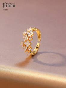Hihho 1枚镶嵌釉面锆石的可调节开口戒指，镀金奢华优雅戒指，海洋/樱花/花朵闪耀多元素组合戒指，送给女友/闺蜜的礼物，象征美丽与好运 - 彩色 - 查看 4