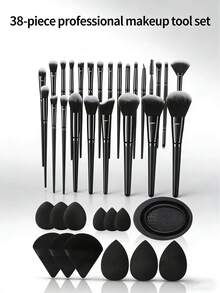 38件套化妆刷套装，包含：25支化妆刷 + 3个化妆海绵 + 3个迷你化妆海绵 + 3个粉扑 + 3个迷你气垫粉扑 + 1个化妆刷清洁工具 - 咖啡棕 - 查看 5