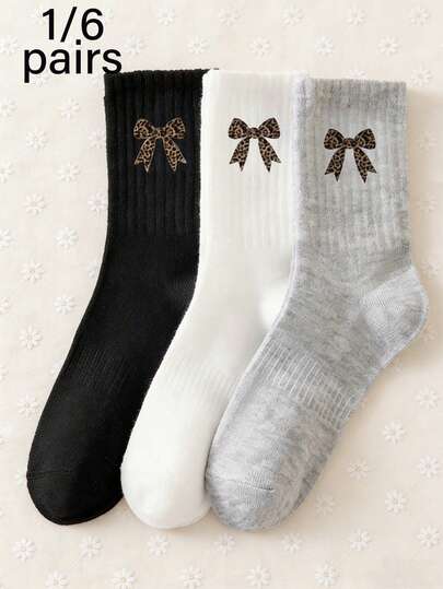 1/6 Pairs Leopard Print Bowknot Design Socks, Black/White/Gray, Fashion Mid-Calf Socks, Versatile Daily Wear Essential, Minimalist & Interesting