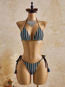 女士钩针编织比基尼套装，搭配条纹针织流苏罩衫连衣裙，波西米亚风系带沙滩装，适合海滩度假和派对。 - 彩色 - 查看 7