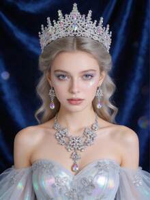 Bộ trang sức 4 món kiểu hoàng gia sang trọng với pha lê, dây chuyền, bông tai và vương miện, thích hợp cho đám cưới, tiệc tùng và sự kiện. - Nhiều màu - Xem 1