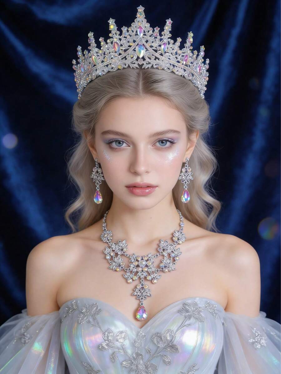 Bộ trang sức 4 món kiểu hoàng gia sang trọng với pha lê, dây chuyền, bông tai và vương miện, thích hợp cho đám cưới, tiệc tùng và sự kiện. - Nhiều màu - Xem 1