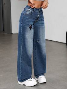 Pantalones vaqueros anchos informales para mujer con parche de estrella y lavado crudo para un look grunge, pantalones largos de alta elasticidad. - Niebla azul - Ver 4