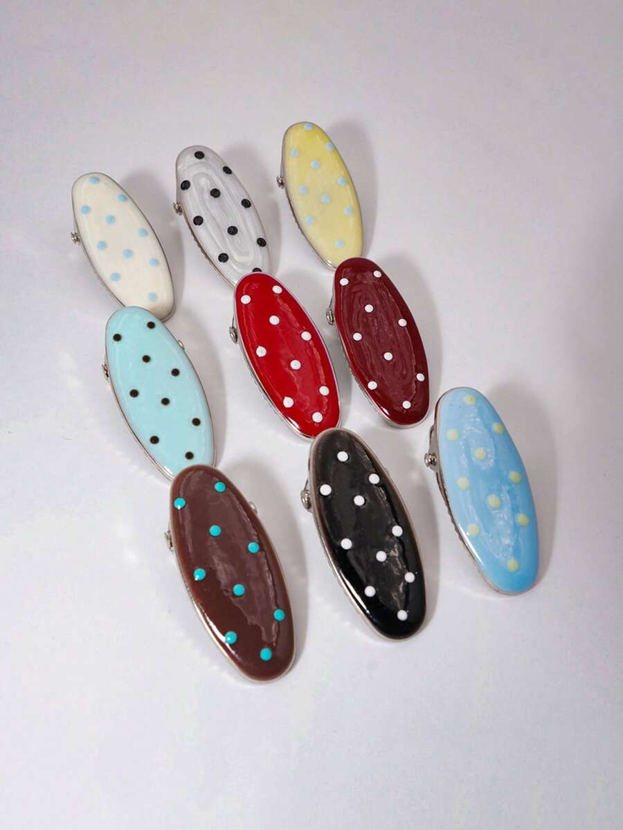Oval Polka Dot Hair Clips, Glazed Metal Side Clips, Hair Clips, Cute Bangs Clips, Sweet & Chic Hair Accessories (Random Mix) - Multicolor - View 1