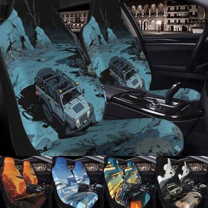 2pcs Artistic Print Car Seat Covers Set, Unisex Car Accessories, 2 Front Seat Covers, Car Interior Decor, Polyester Fabric, Universal Size
