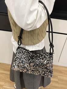 新款时尚休闲亮片单肩包，个性简约别致大容量斜挎法棍包 - 銀色 - 查看 2