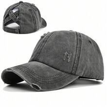 1pc Vintage Washed Criss Cross Ponytail Cap For Women | Distressed Denim Baseball Hat With High Bun Hole - A - 查看 3
