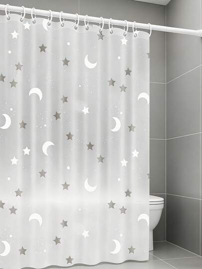 1 pieza Forro de ducha impermeable grueso de EVA, con patrón romántico de gotas de lluvia, estrellas y luna, cortina de baño translúcida para bañera, cubierta de baño con ganchos, accesorios de baño