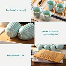 Dujust Juego de té japonés, juego de té de porcelana cian-azul con 1 juego de tetera, 6 tazas de té, 1 bandeja de té, 1 infusor de acero inoxidable, juego de té asiático para amantes del - Verde - Ver 5