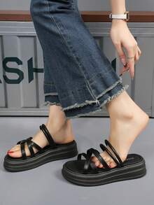 Minimalist Versatile Solid Color Y2K Casual Criss-Cross Thick Sole Sandals, Suitable For Beach, Spring/Summer - Black - View 2