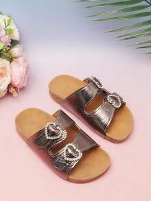 1 Pair Children's Sequin Heart Buckle Slide Sandals, Unisex Thick Sole Casual Slippers For Summer, Fashion Rhinestone - Bronze - View 3