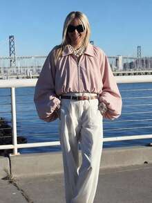 ZAHM Áo khoác ngắn tay phồng màu hồng nhạt thanh lịch, cổ bẻ, khóa kéo, dáng rộng, thích hợp cho công sở. - Hồng - Xem 6