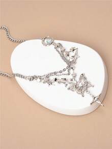 1pc Fashionable Vintage Rhinestone Butterfly Pendant With Star & Moon Charm Chain Match Stainless Steel Women's Necklace - 銀色 - 查看 5