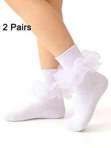 2双女童/幼儿蕾丝边袜子，公主风婴儿派对礼服白色袜子 - 白色 - 查看 1