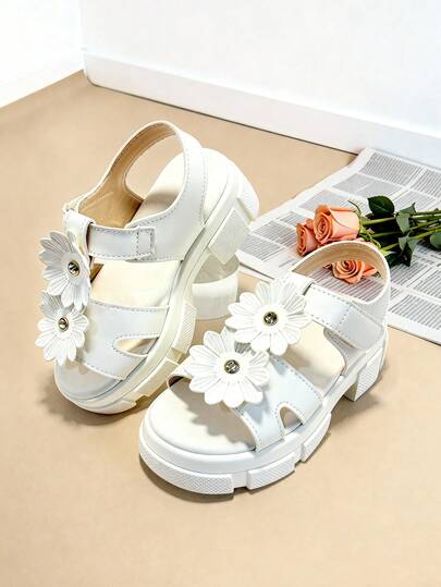 1 Pair White Fashion Children's Sandals, Girls' Summer Thick-Sole Sandals, 3D Floral Hook And Loop Design, Soft Non-Slip Durable Sole, Suitable For Banquets, Gatherings, Parties, Weddings, Vacations