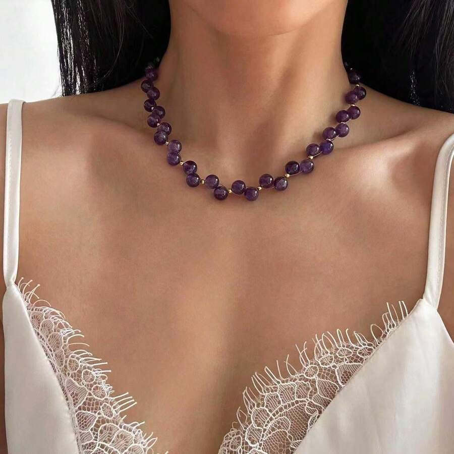 1pc Elegant Purple Crystal Necklace: Handmade Woven Purple Crystal Necklace, Purple Gemstone Necklace, February Birthstone, Refined Daily Necklace - Purple - View 1
