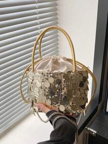 时尚休闲亮片水桶包，复古优雅单肩斜挎包 - 金色 - 查看 7