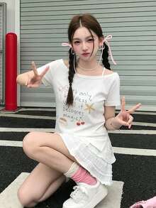 夏季宽松不对称肩部字母印花纽扣设计百搭短袖T恤 - 白色 - 查看 5