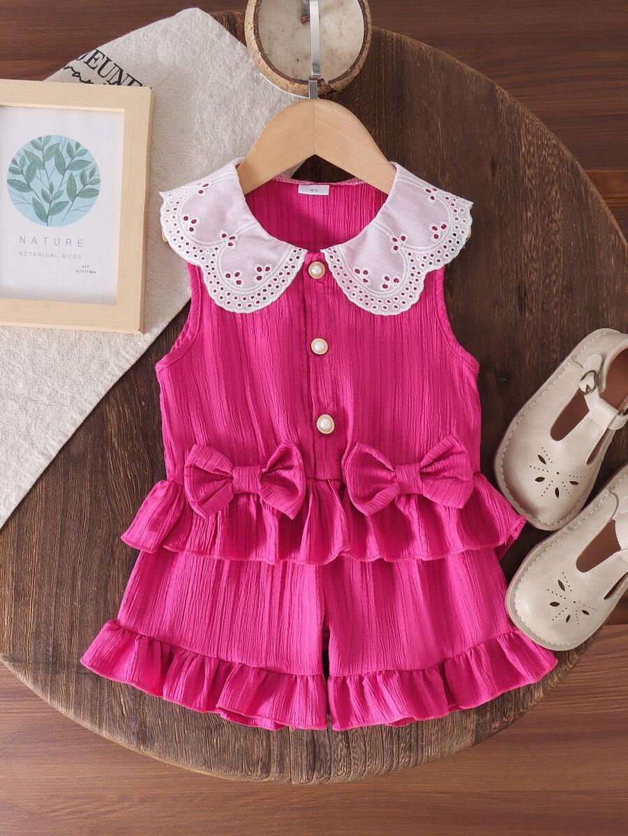 2pcs/Set Young Girl' Cute Peter Pan Collar Vest And Ruffle Hem Shorts Set, Summer - Hot Pink - View 1