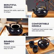 Dujust Juego de té japonés, juego de té de porcelana cian-azul con 1 juego de tetera, 6 tazas de té, 1 bandeja de té, 1 infusor de acero inoxidable, juego de té asiático para amantes del - azul oscuro - Ver 4