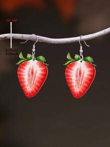 1 Pair 2D Flat Cartoon Strawberry Acrylic Pendant Earrings, Elegant Minimalist Style Jewelry Earrings For Women, Suitable For Daily And Holiday Wear - Red - View 2