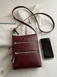 新款休闲斜挎包 纯色PU皮翻盖单肩包 女士设计师手提包和钱包 - 酒紅色 - 查看 10