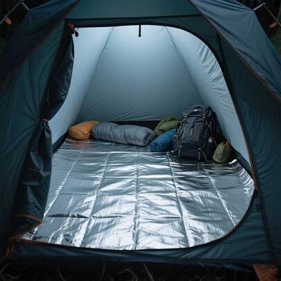 Tapete de camping dobrável e portátil de alta qualidade em folha de alumínio impermeável com bolsa de armazenamento, ideal para camping, piqueniques, acessórios para trailers e viagens. Perfeito para viajantes.