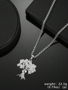 1pc Stainless Steel Money Tree & Phoenix Pendant Necklace, Fashionable Personalized Hip-Hop Style For Men - Silver - View 9