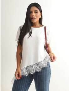 Women's Casual Blouse With Asymmetrical Hem And Lace Trim, Basic Casual Everyday Wear - 白色 - 查看 2