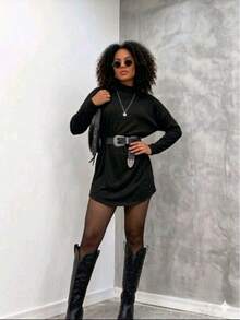 Short Wool Dress With Long Sleeves - 深黑色 - 查看 2