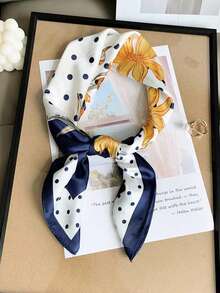 1 chiếc khăn lụa vuông, băng đô satin in họa tiết dành cho nữ, khăn trùm đầu, khăn quàng cổ thời trang cho nữ, khăn choàng, khăn choàng cổ, khăn trùm đầu, phụ kiện váy áo - Hoa chấm bi khung đôi màu xanh nước biển - Xem 2