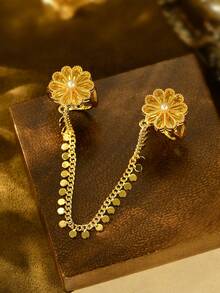 1枚可调节花朵链连接戒指，奢华铜镀金，适合女性婚礼派对配饰 - 金黃色 - 查看 3