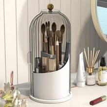Soporte giratorio para cepillos de dientes con tapa deslizante | Organizador de 3 ranuras para el baño, almacenamiento de pasta de dientes para el tocador del lavabo - Gris - Ver 1