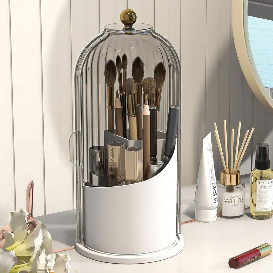 Soporte giratorio para cepillos de dientes con tapa deslizante | Organizador de 3 ranuras para el baño, almacenamiento de pasta de dientes para el tocador del lavabo - Gris - Ver 1