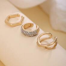 3件套女士夹式耳环套装，不对称几何镂空设计，优雅简约，适合日常佩戴和作为礼物赠送 - 金色 - 查看 3