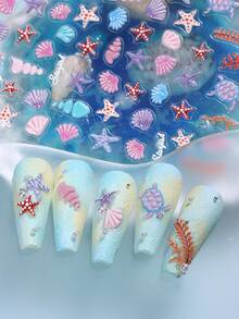 1pc Summer Ocean World Nail Stickers, 5D Embossed Seashell Underwater Creatures Nail Art Decals, Suitable For Personal DIY And Nail Salon Use - 彩色 - 查看 4
