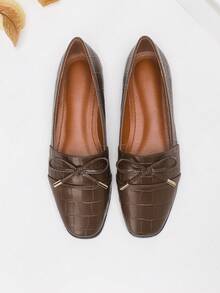 Women's Elegant Brown Stone Texture Bow Tie Flat Square Toe Loafers, Suitable For Home And Office (Shoe Upper Pattern Random) - Brown - View 3