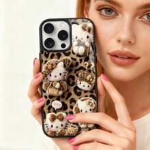 SANRIO 1 pieza Nueva Funda de teléfono de acrílico con licencia oficial, diseño creativo de estampado de leopardo y gato, cubierta protectora gruesa y resistente a los golpes compatible con Apple 17 Pro Max/Air, 16, 11/12/13/14 Plus, XR, 7/8 Plus, 15 Pro Max - Negro - Ver 3