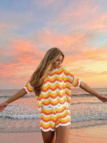 Women's Spring European And American Fashion Hollow Crochet Knit Short Sleeve Top And Casual Shorts Two Pieces Set Vacation - Nhiều màu 4 - Xem 1