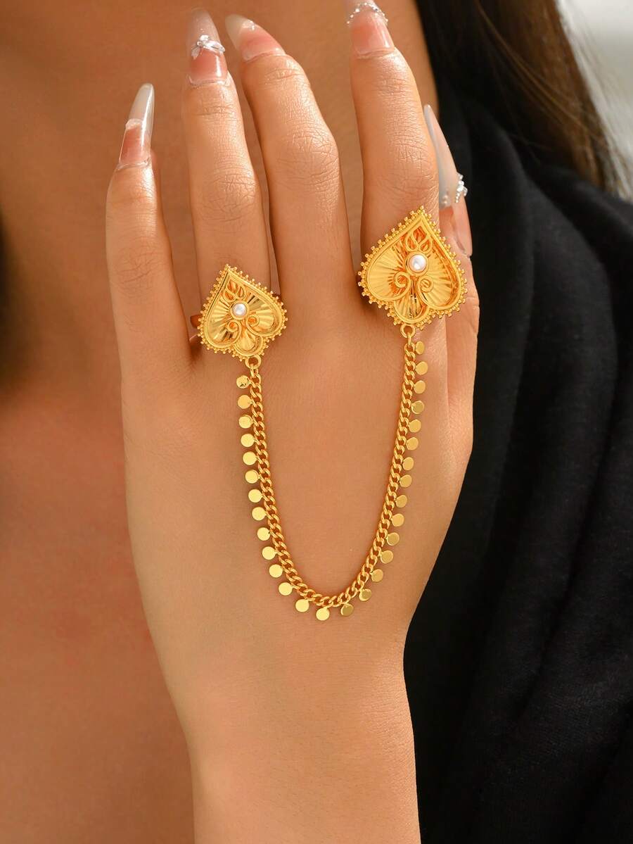 1pc Adjustable Ring, Luxury Style Copper Gold-Plated Heart Chain Connected Finger Ring, Suitable For Women Wedding Party Accessories - Yellow Gold - View 1