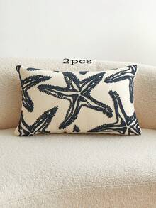 1pc Starfish Embroidered Decorative Throw Pillow Cover, Charming Ocean Style, Suitable For Home, Living Room, Bedroom - Dusty Blue - View 14
