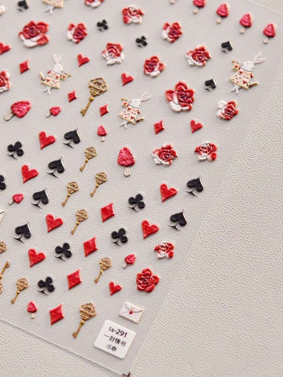 1 pieza Pegatina de arte de uñas 5D, diseño de candado y llave, decoración de uñas con corazón de rosa, conejo de San Valentín, pegatina de arte de uñas DIY - Multicolor - Ver 1