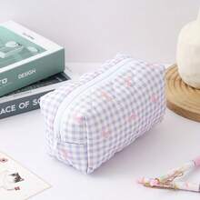 1pc Elegant Single-Layer Grid Pattern Pencil Case, Pink Bow Design Creative Student Stationery Storage Bag, Fashionable Portable Study Supplies Essential For Office Desk Organization - Multicolor - View 6