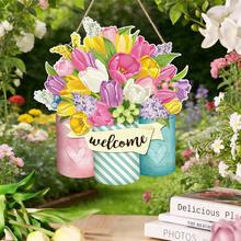 Waterproof Wooden Tulip Mason Jar Welcome Door Hanger, Colorful Tulip Bouquet Mason Jar Decor, Farmhouse Style, Reusable For Spring & Summer Patio, Garden Art Decoration - A - View 6