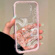 1pc Pink Framed Simple Lens Protection Full Screen White Line Dragon Pattern Puzzle Phone Case, Personalized For IPhone 16 Pro Max, 17/16/15/14 Plus, 13/12/11, Air, Suitable For Samsung Series - Multicolor - View 3