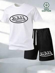 Y2K Retro Men's Two Piece Outfit, Classic VonDutch Style Logo Print Casual T Shirt And Shorts Set.Graphic T Shirt.Mens Clothes.Shorts.Men 2 Piece Set.Cotton Graphic Tees.Graphic Tees.Summer Clothes.Conjunto Para Hombre.Men's.Men Clothes.Mens.Men Two Piece Set.Ropa Para Hombre.Hombres Ropa.Man Clothes.Men Clothing - 白色 - 查看 1